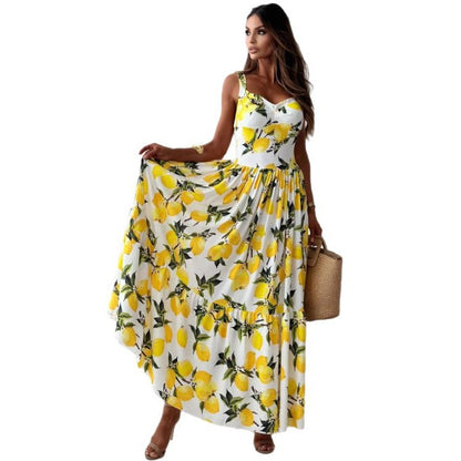 Women's Summer Print Waist Sling Dress Oversized Swing