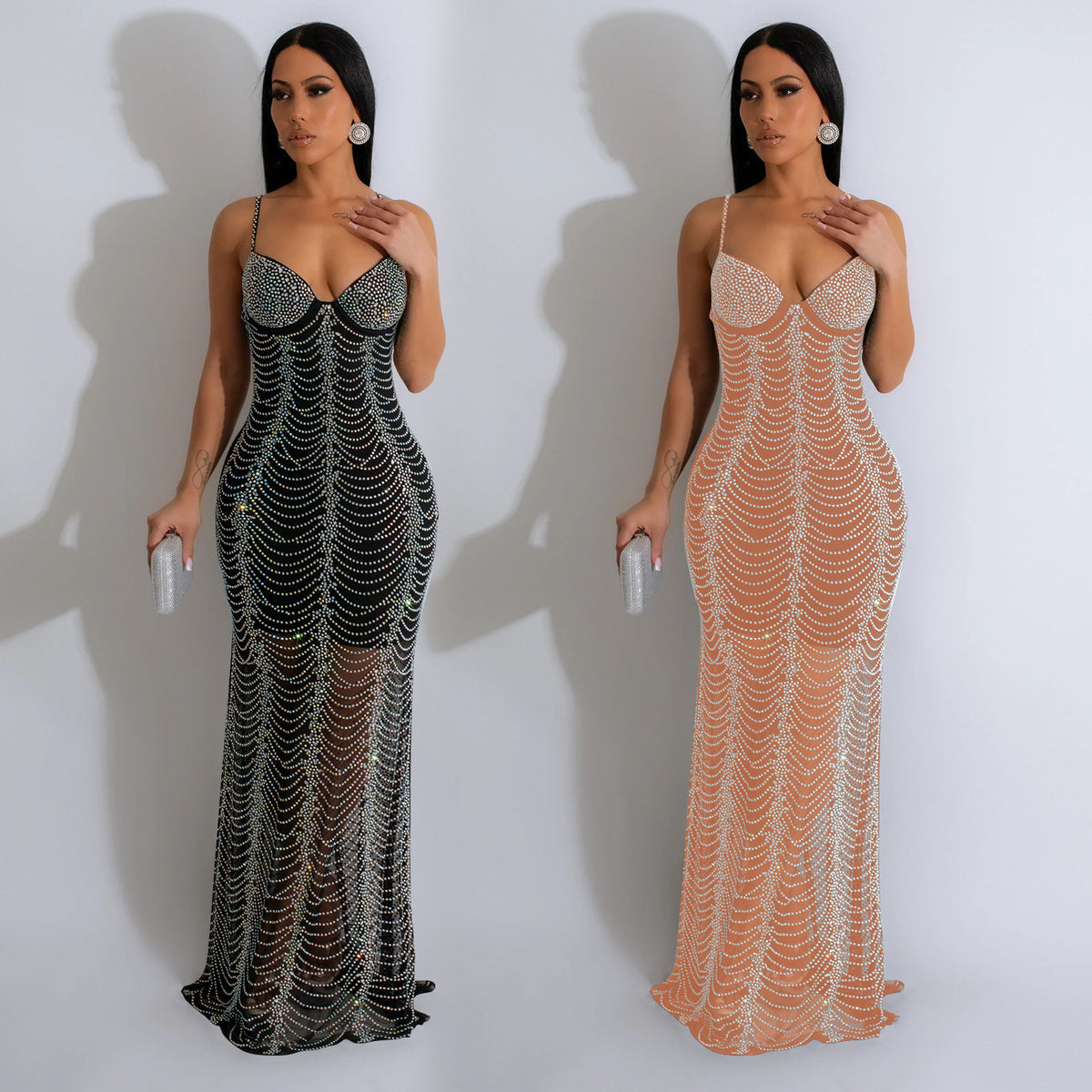 Women's Solid Color Mesh Rhinestone Strap Long Dress