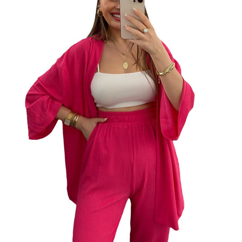 Lange mouwen effen kleur geplooide elastische taille broek tweedelig set