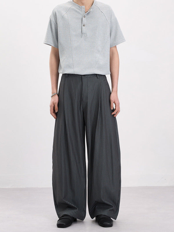Men Women Retro Pleated Striped Baggy Wide Leg Trousers
