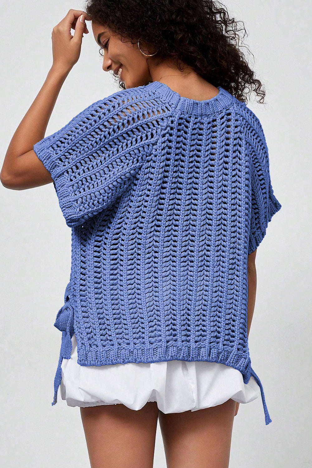 Plus size open gebreide trui met strik en korte mouwen