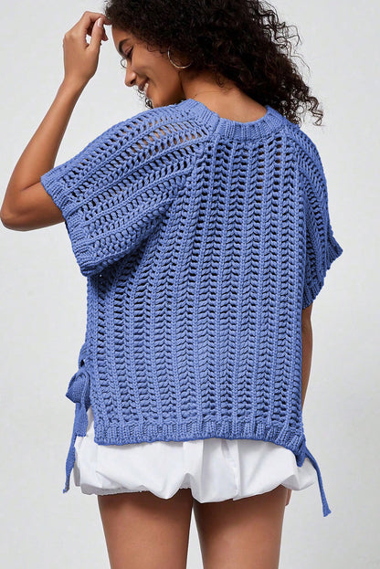 Plus size open gebreide trui met strik en korte mouwen