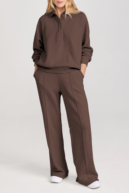 Donkerbruine sweatshirt met kraag halve knoopsluiting en bijpassende sportbroek met zakken en hoge taille