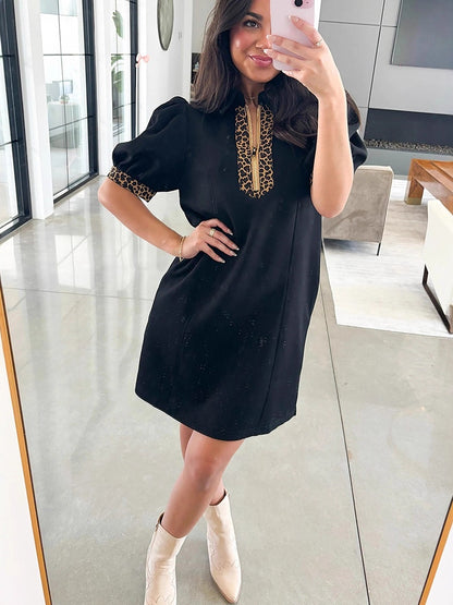 Summer Pullover Notched Collar Dress Women Casual Leopard Trim Short Dress