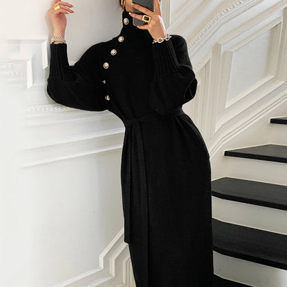 Retro Dress High Collar Knitted Waist-Cinching