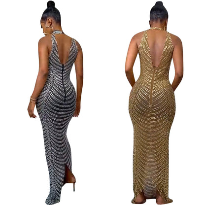 Elegant Diamond Backless Long Dress