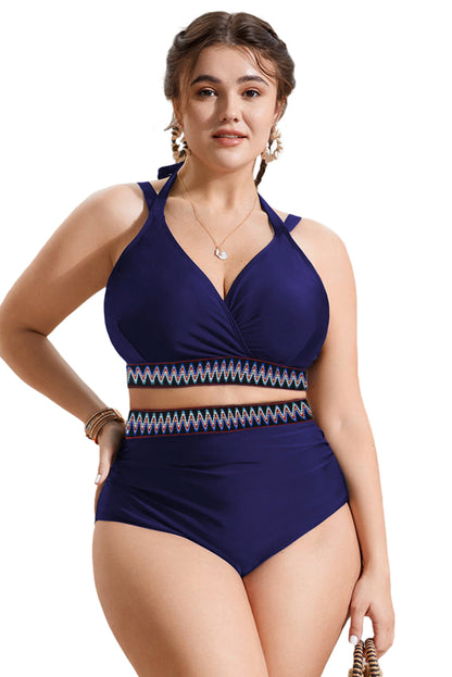 Plus size marineblauwe bikini set met geborduurde bies en strik