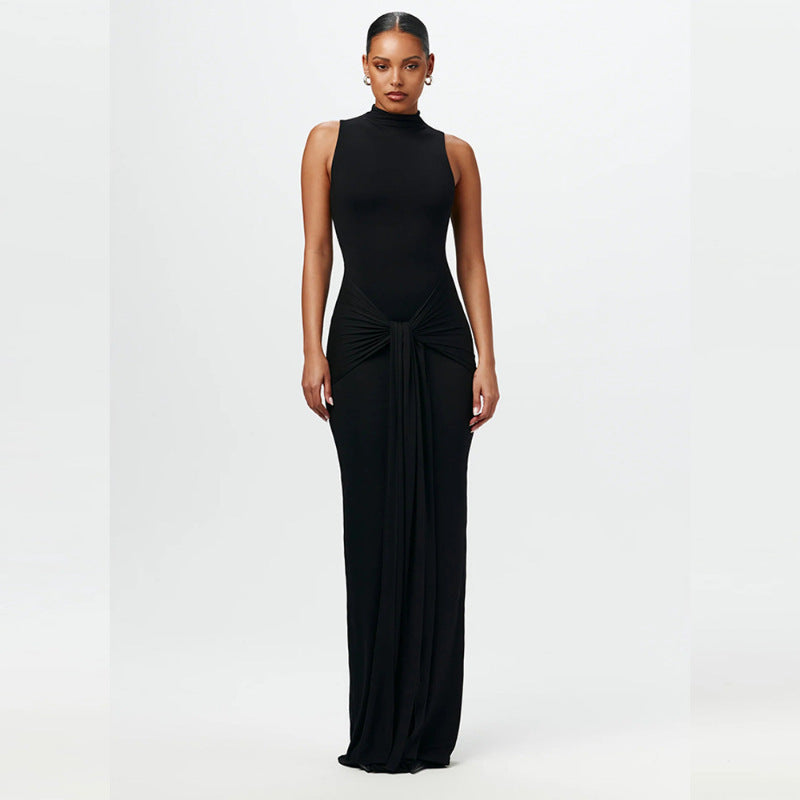 Elegante effen mouwloze jurk met bandjes in de taille
