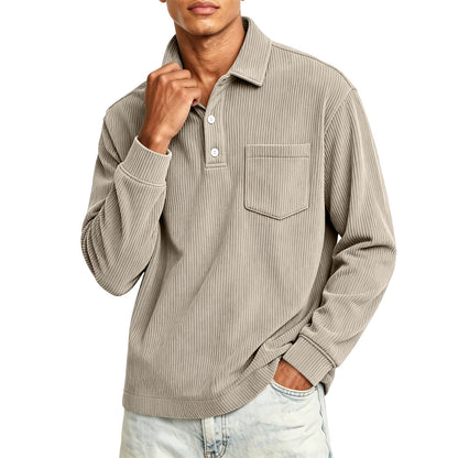 Heren corduroy poloshirt met halve knoopsluiting en lange mouwen