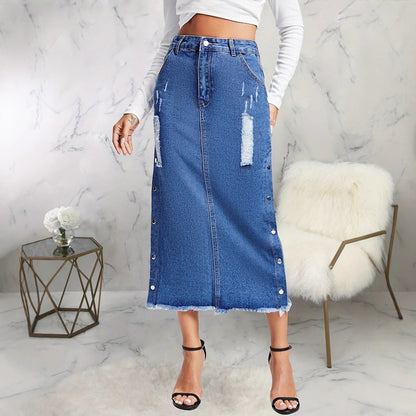 Amerikaanse dames split met knopen gescheurde denim rok