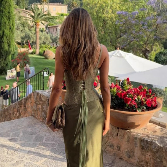 Sexy maxi rok 2-delige set sweetheart kant corset top flowy satijn of los