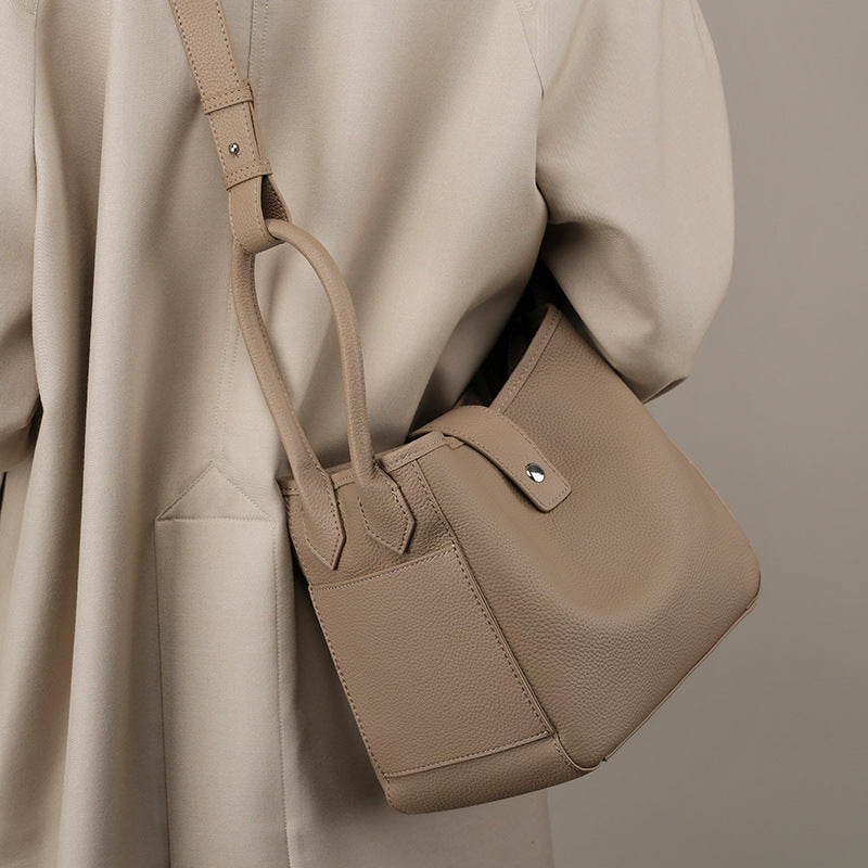 Genuine Cowhide Bucket Bag with Adjustable Strap