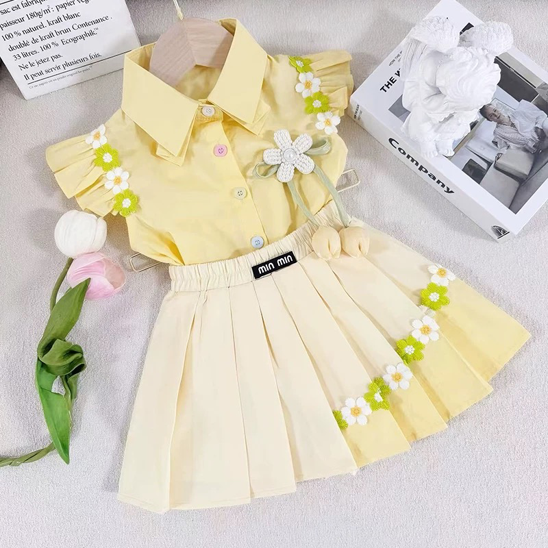 Girls Preppy Floral Pleated Outfit