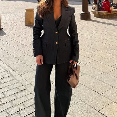 Sierlijke denim 3-delige mantelpak of los