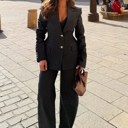 Sierlijke denim 3-delige mantelpak of los