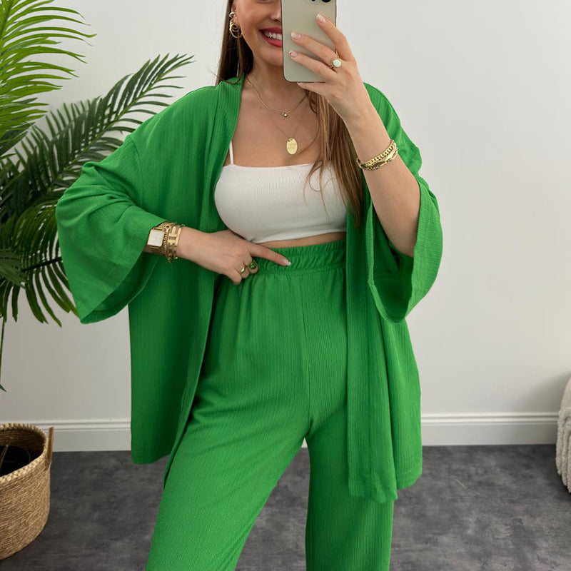 Lange mouwen effen kleur geplooide elastische taille broek tweedelig set