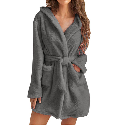 Womens Plush Hooded Bathrobe Warm Homewear