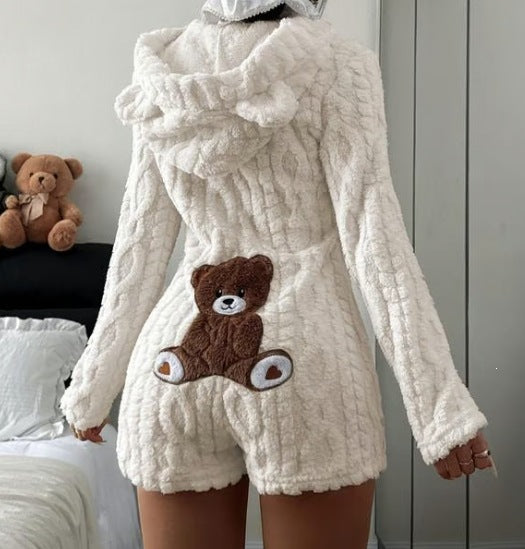 Womens Casual Plush Hooded Jumpsuit