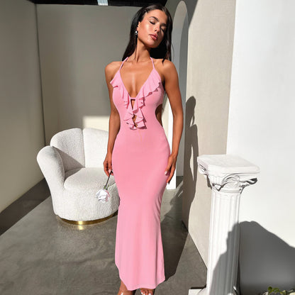 tight-fitting close-fitting solid color hanging neck strap dress