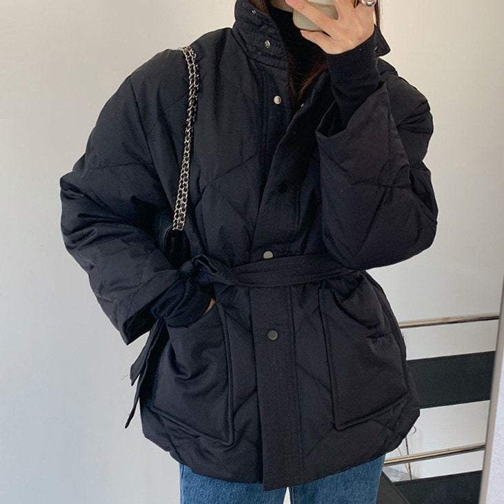 Katoenen pufferjas met grote warme zakken en tailleband