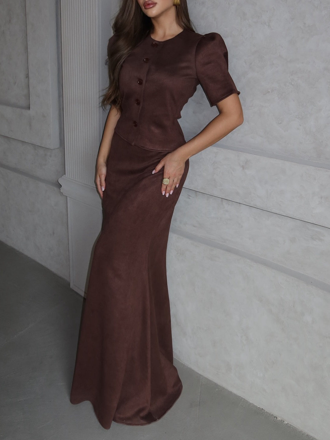 Bruine commuter pofmouw suède top fishtail rok set