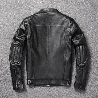 Men's Cowhide Leather Biker Jacket Windproof Stand Collar