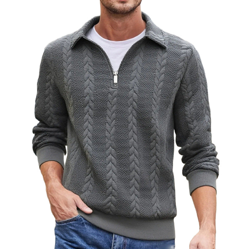 Men Jacquard Lapel Zip Up Jacket Casual Long Sleeve Sweatshirt