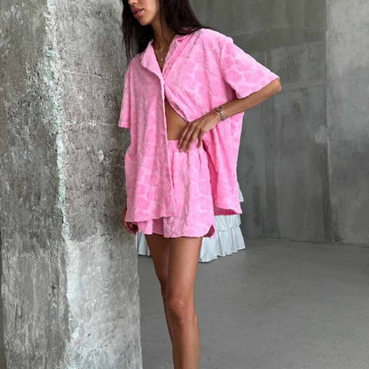 Women's Jacquard Floral Print Short Sleeve Pajama Two-Piece Set
