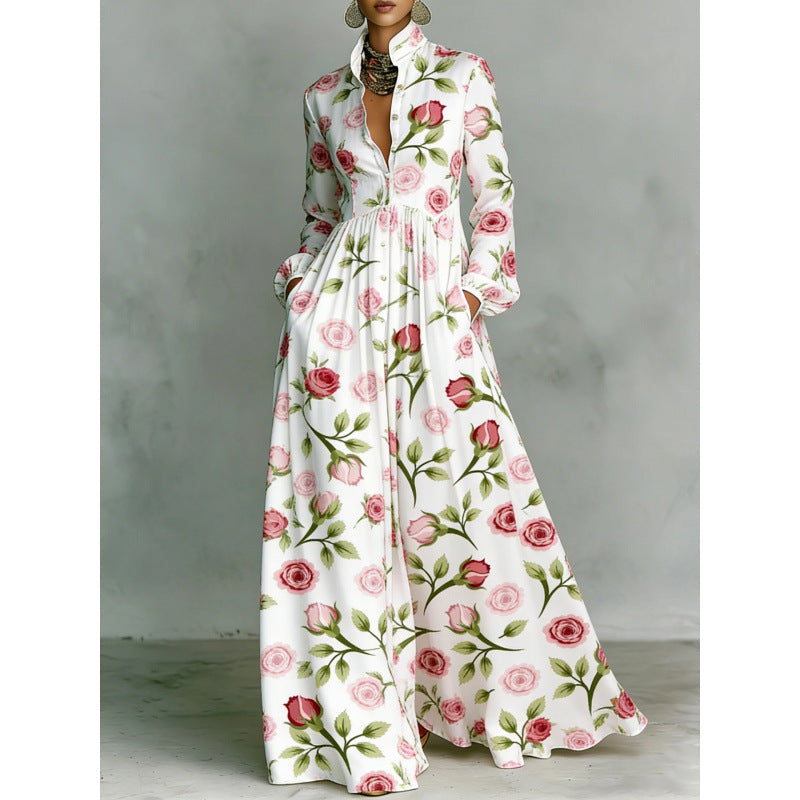 Elegant Waist-Cinching Floral Printed Long Sleeve Dress for Women