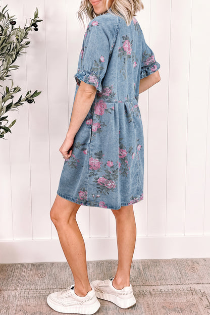 Denim jurk met bloemenprint korte ruchesmouwen zakken en knoopsluiting