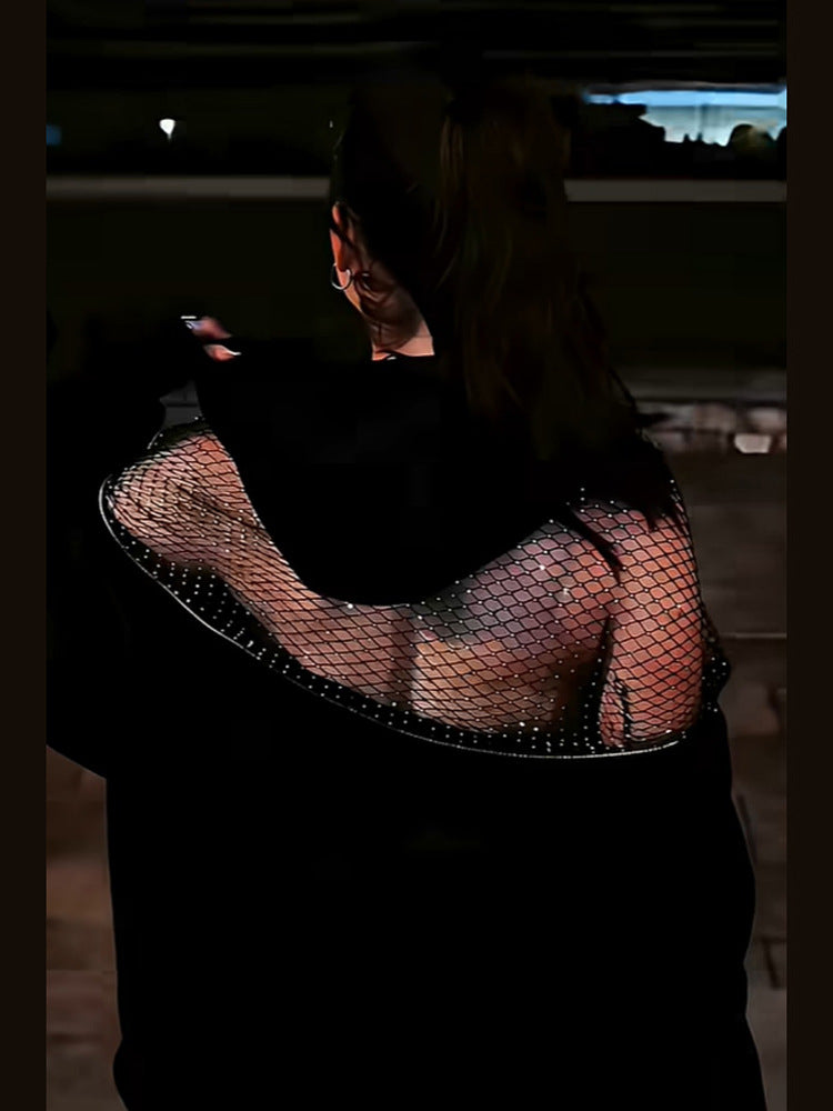 Niche Design Backless Hollow-Out Mesh Hoodie Loose Sweater