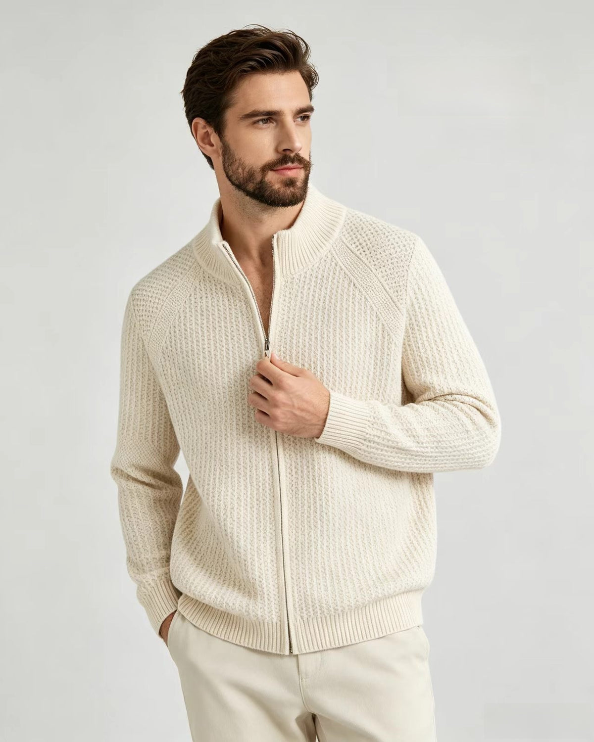 Mens Stand Collar Zip Up Knit Cardigan