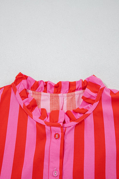 Rode gestreepte mini-jurk met half knoopsluiting strik op rug en pofmouwen losvallend model
