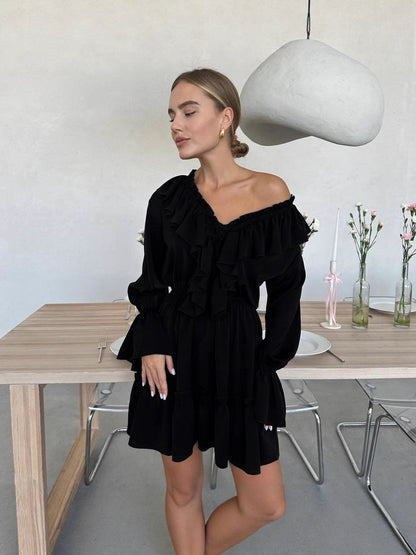 Womens V Neck Bell Sleeve Ruffled Dress