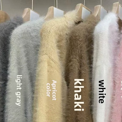 Women's Imitation Mink Fur V-Neck Long Sleeve Knit Cardigan Sweater