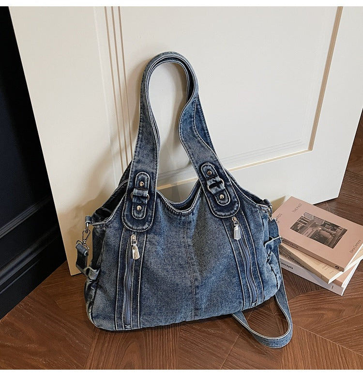 Retro denim large capacity zipper tote bag