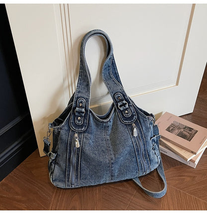 Retro denim large capacity zipper tote bag