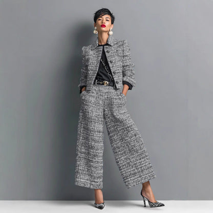 Women Lapel Short Jacket Wide Leg Pants Suit Two Piece Set