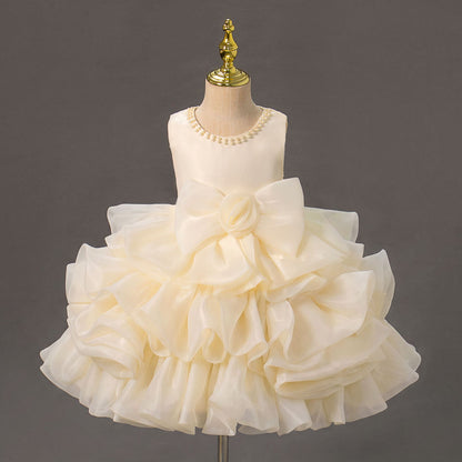 Girls Princess Dress with 3D Roses and Bow Tiered Tulle Birthday Party Gown
