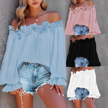 Off-shoulder Top Met Lange Lotusbladmouw En Ruches Halslijn