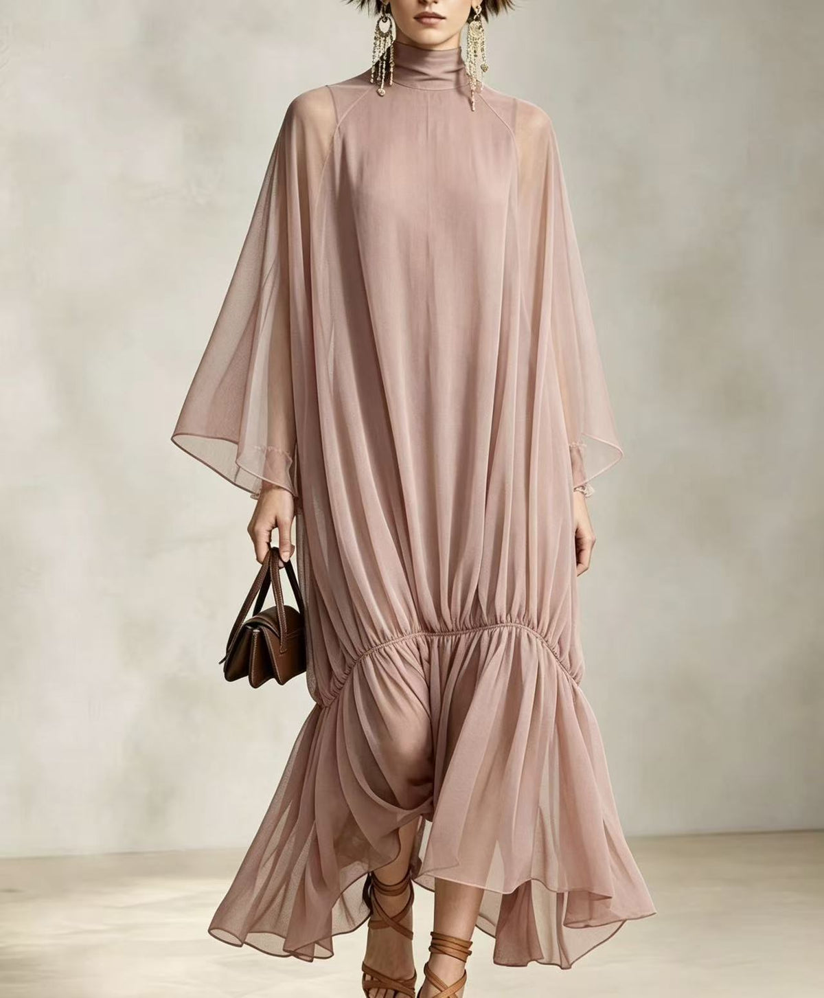 Loose Fit Pleated Dress with Batwing Sleeves
