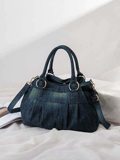 Vintage Denim Three-Pocket Crossbody Shoulder Bag