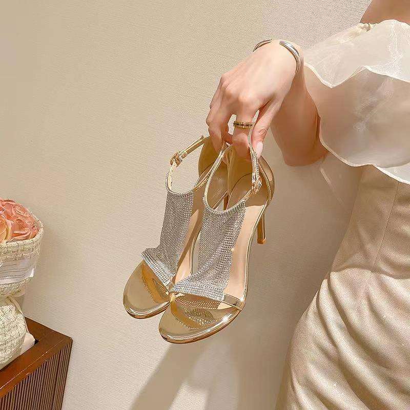 Sexy T-Strap Rhinestone Stiletto Sandals
