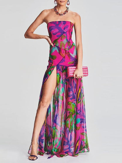 Women's Printed Tube Top Sleeveless Slit Dress