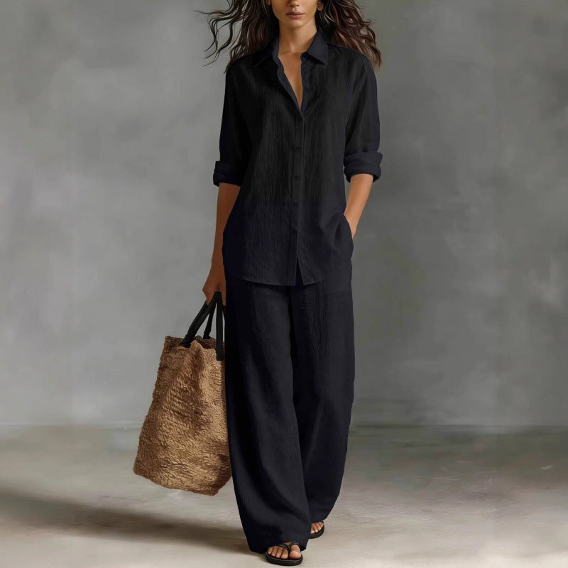Casual katoen-linnen blouse en broekset voor dames