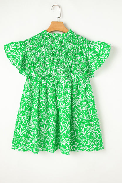 Groene blouse met bloemenprint en smockwerk in boho-stijl plus size