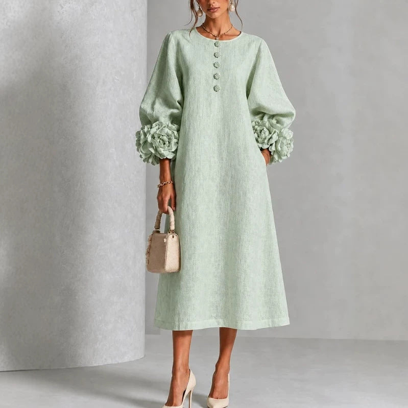 Elegant Floral Sleeve Cotton Linen Dress