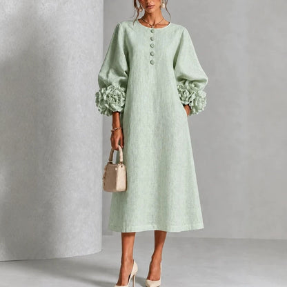 Elegant Floral Sleeve Cotton Linen Dress