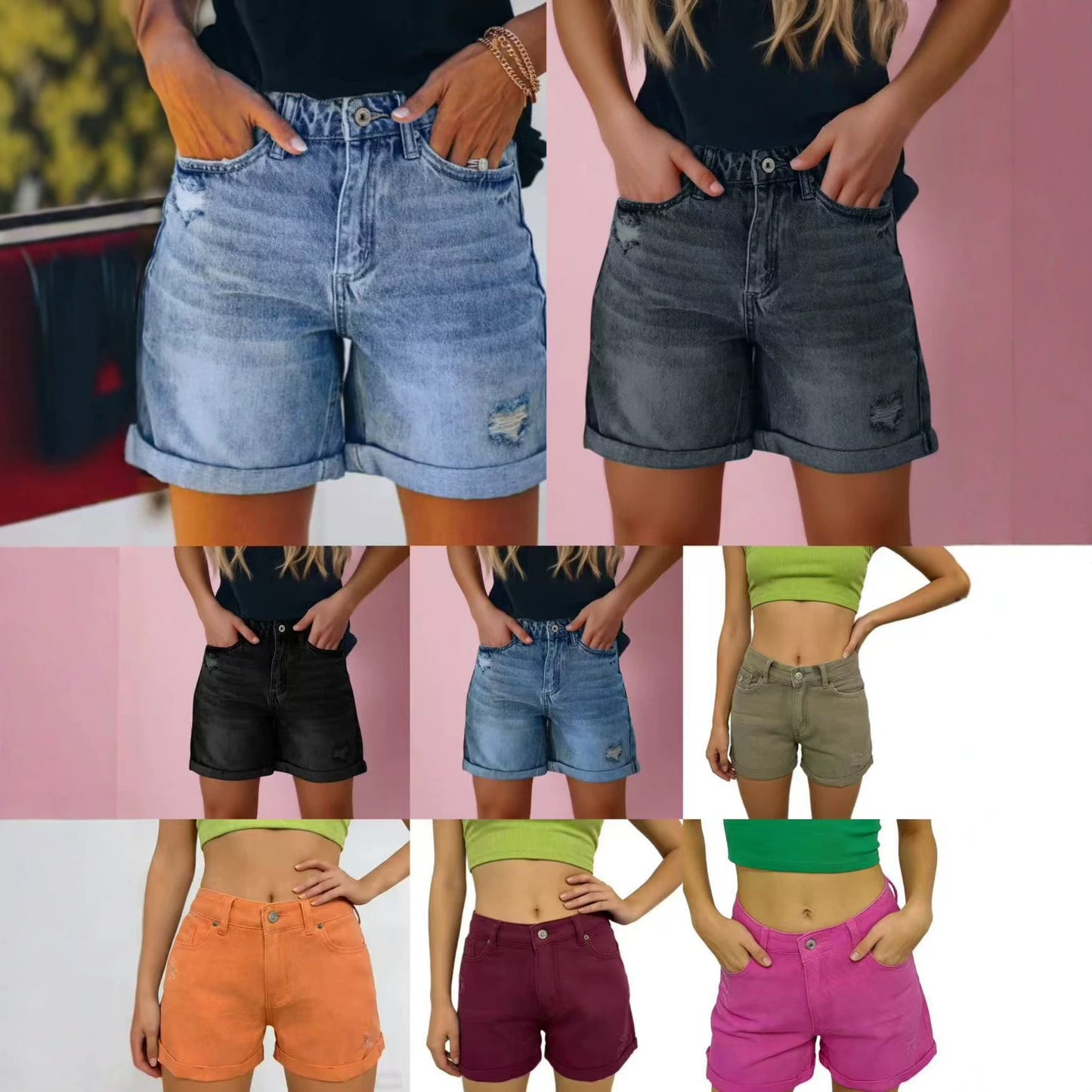 Women's Denim Shorts with Ripped Details and Tassels