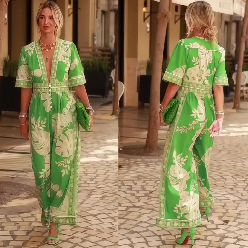 Printed V-Neck Short Sleeve Jumpsuit